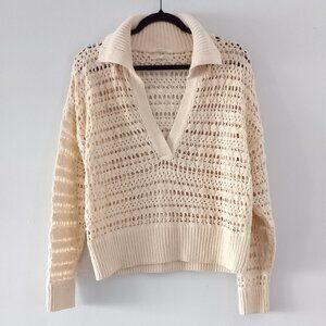 ANTHROPOLOGIE cream cotton crochet v neck sweater with collar